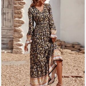 Cream and Brown Long Sleeve Sundress with V-Neck